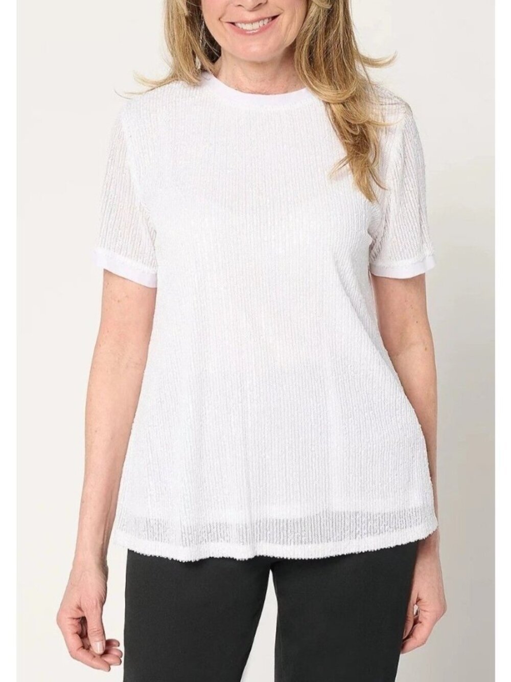 Dennis By Dennis Basso Women's S White Sequin Short Sleeve Top B1448